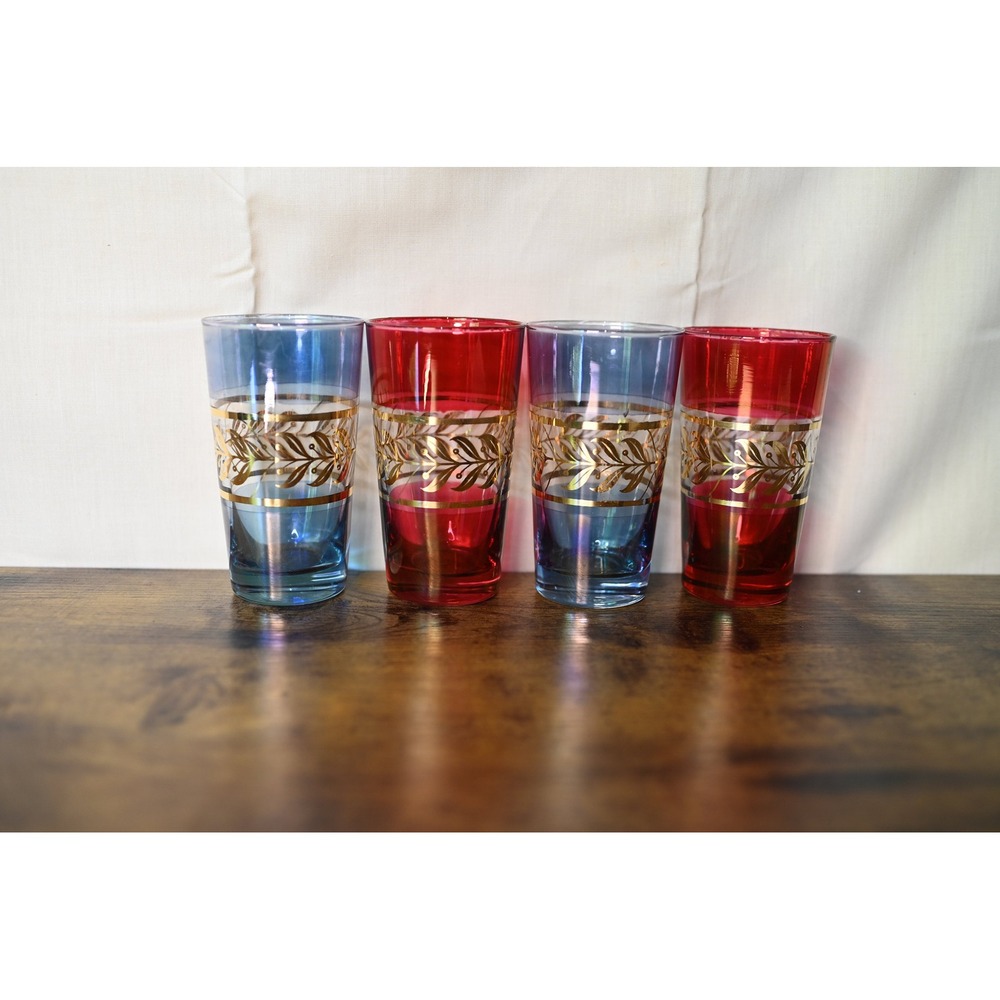 Vintage Mid-Century Modern Ombre & Gold Glasses, Set of 4, Blue & Cranberry